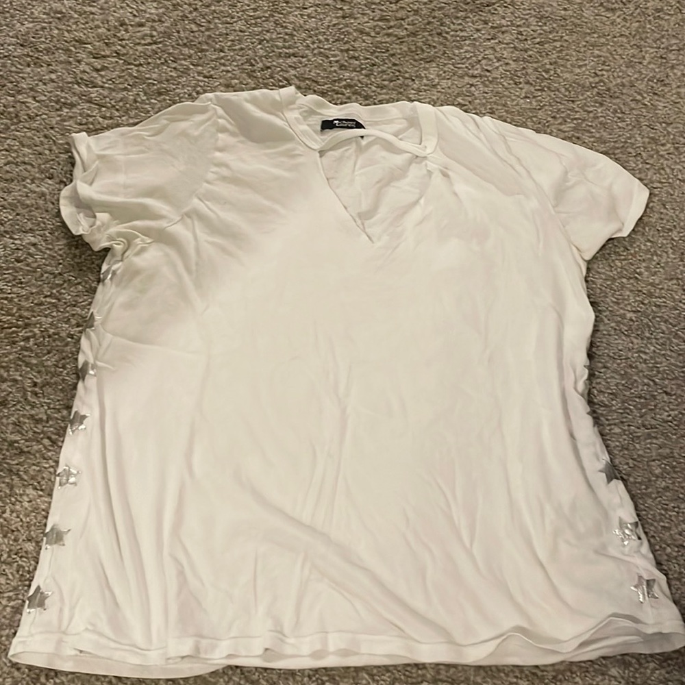 Michael Lauren white tee with silver star detail and neck cut out